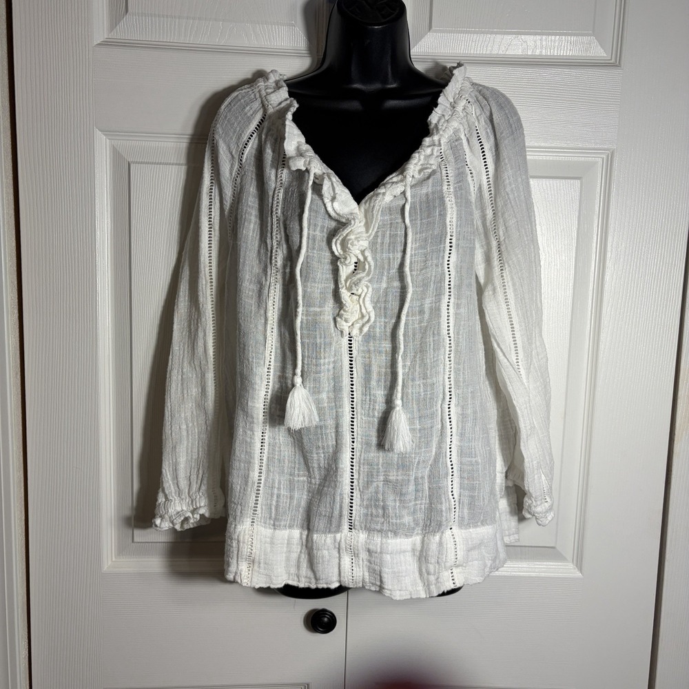 Sundance Gauze Shirt Petite M Off White Cotton Blend Tassel Tie Peasant Blouse - Picture 2 of 10